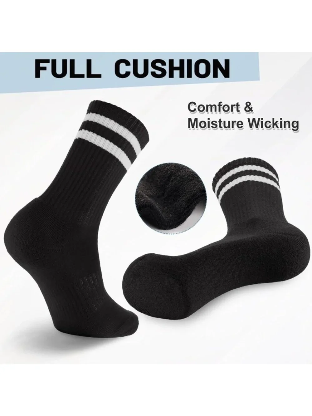 5 Pairs Striped Crew Socks - Cotton Cushioned Athletic Sports Socks for All Ages